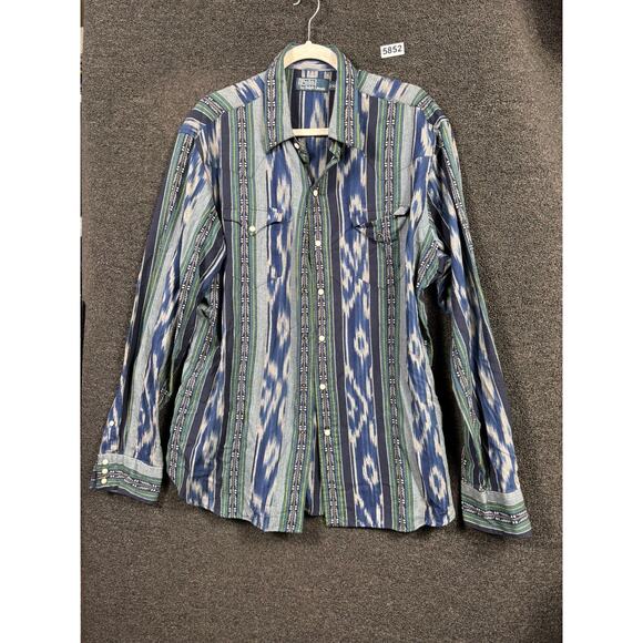 Polo Ralph Lauren Shirt Mens XL Blue Green Ikat Stripe Button Up Western Casual - Picture 1 of 8